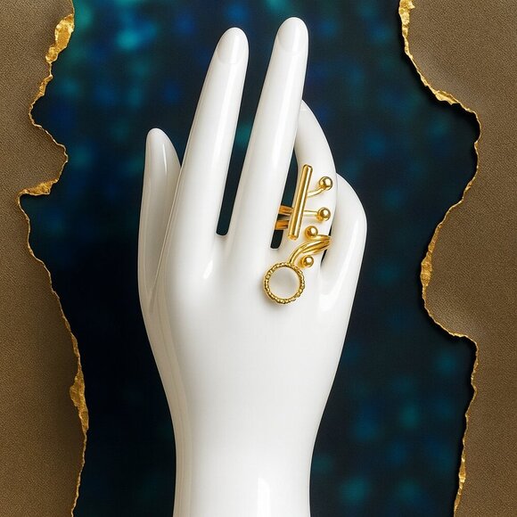 🆕Boho Chic Cocktail Ring 18K Gold Plated Brass With Glass Pearl Adjustable - Picture 5 of 13